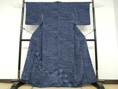 平和屋着物●訪問着 藍 型染め 流水草花文 正絹 逸品 DABB0721ud