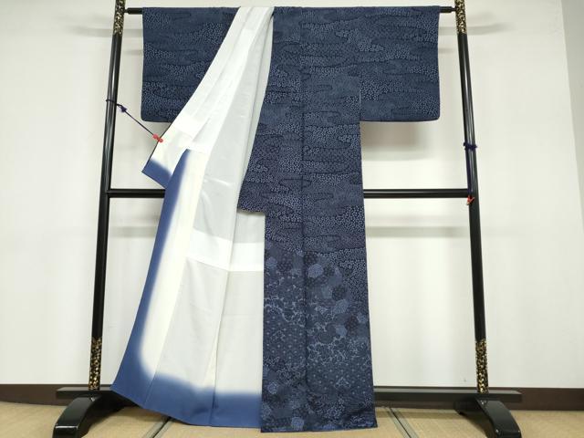 平和屋着物●訪問着 藍 型染め 流水草花文 正絹 逸品 DABB0721ud