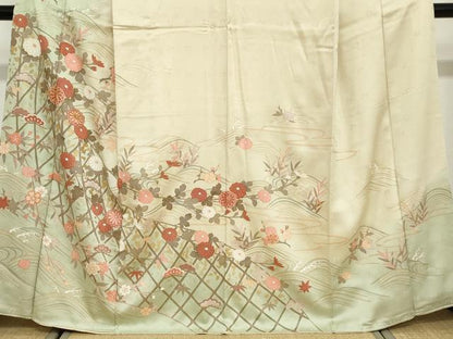 平和屋着物●訪問着 駒刺繍 流水草花籬文 暈し染め 金彩 正絹 逸品 DABB0737ud