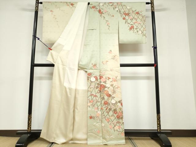 平和屋着物●訪問着 駒刺繍 流水草花籬文 暈し染め 金彩 正絹 逸品 DABB0737ud