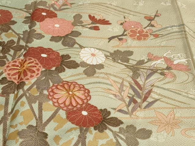 平和屋着物●訪問着 駒刺繍 流水草花籬文 暈し染め 金彩 正絹 逸品 DABB0737ud