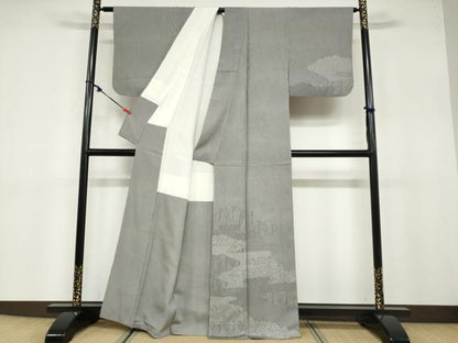 平和屋着物●江戸小紋 訪問着 雲取吉祥文 万筋 黒色×白色 正絹 逸品 DABB0746ud