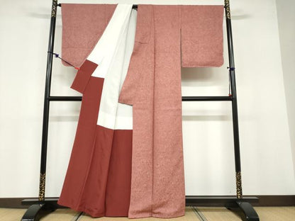 平和屋着物●上質なお召 色無地 輝宝織 蓑亀地紋 蘇芳香色 正絹 逸品 未使用 DABB0748ud