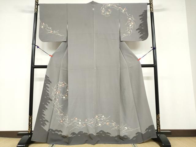 平和屋着物●訪問着 駒刺繍 敷松葉草花文 シルエット 金彩 正絹 逸品 DABB0762ud
