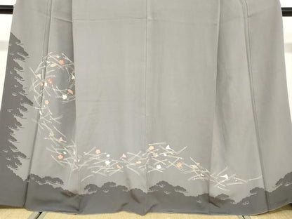 平和屋着物●訪問着 駒刺繍 敷松葉草花文 シルエット 金彩 正絹 逸品 DABB0762ud