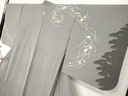 平和屋着物●訪問着 駒刺繍 敷松葉草花文 シルエット 金彩 正絹 逸品 DABB0762ud