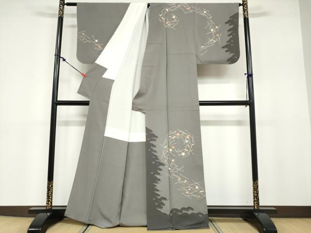 平和屋着物●訪問着 駒刺繍 敷松葉草花文 シルエット 金彩 正絹 逸品 DABB0762ud