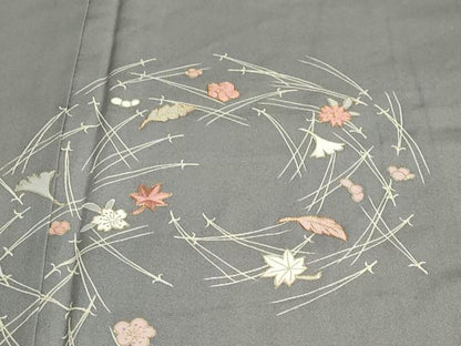 平和屋着物●訪問着 駒刺繍 敷松葉草花文 シルエット 金彩 正絹 逸品 DABB0762ud