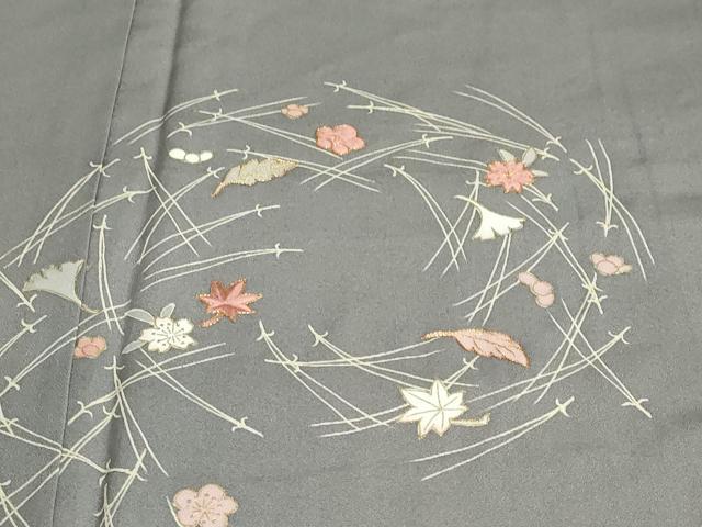 平和屋着物●訪問着 駒刺繍 敷松葉草花文 シルエット 金彩 正絹 逸品 DABB0762ud