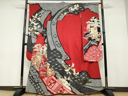 平和屋着物●豪華振袖 絞り 流水飛鶴御所車草花文 金銀彩 正絹 逸品 DABB0771ud