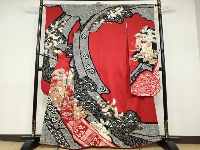 平和屋着物●豪華振袖 絞り 流水飛鶴御所車草花文 金銀彩 正絹 逸品 DABB0771ud