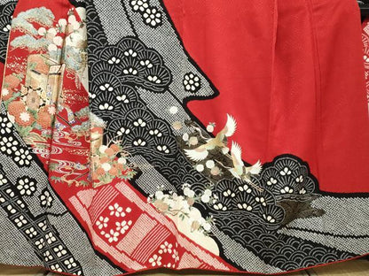 平和屋着物●豪華振袖 絞り 流水飛鶴御所車草花文 金銀彩 正絹 逸品 DABB0771ud