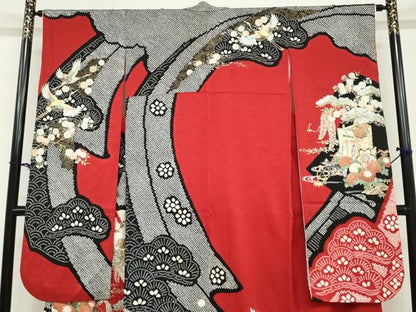 平和屋着物●豪華振袖 絞り 流水飛鶴御所車草花文 金銀彩 正絹 逸品 DABB0771ud
