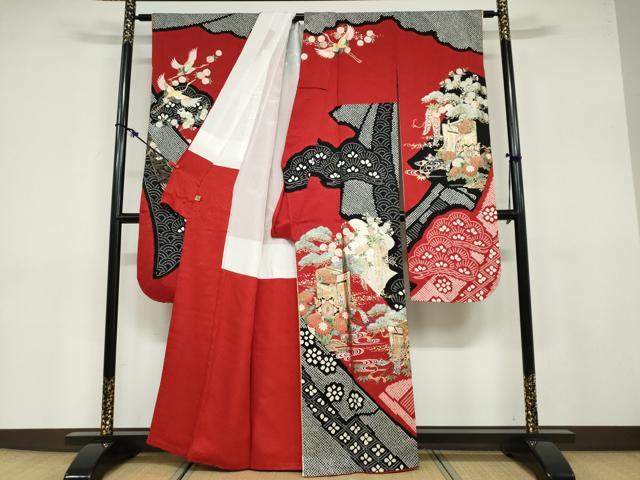 平和屋着物●豪華振袖 絞り 流水飛鶴御所車草花文 金銀彩 正絹 逸品 DABB0771ud