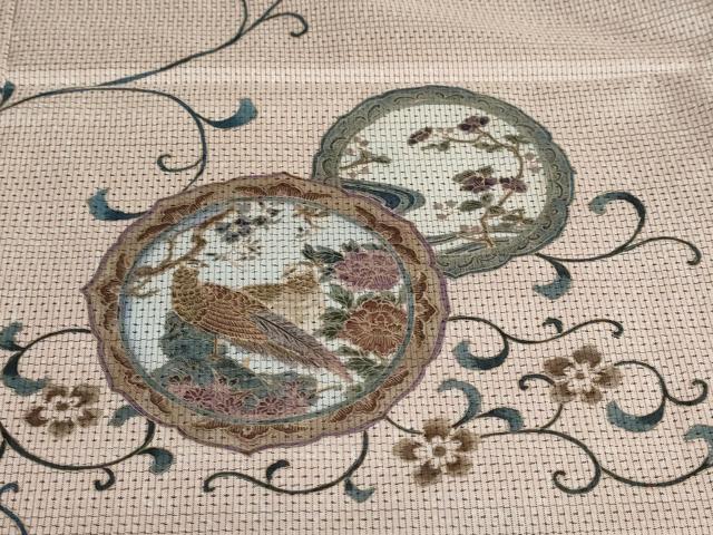 平和屋着物●訪問着 本場大島紬 花鳥絵皿唐草文 中昌紬織物謹製 証紙付き 仮絵羽 正絹 逸品 未使用 DABB0809ud