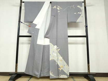 平和屋着物●訪問着 駒刺繍 草花文 正絹 逸品 DABB0821ud