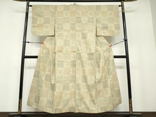 平和屋着物●本場結城紬 重要無形文化財 100亀甲 格子草花文 正絹 逸品 DABB0823ud