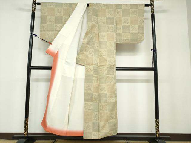 平和屋着物●本場結城紬 重要無形文化財 100亀甲 格子草花文 正絹 逸品 DABB0823ud