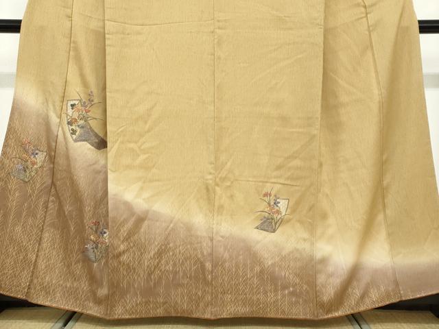 平和屋着物●中国三大刺繍 汕頭刺繍 訪問着 短冊草花文 暈し染め 金彩 正絹 逸品 DABB0836ud