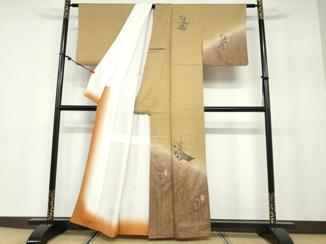 平和屋着物●中国三大刺繍 汕頭刺繍 訪問着 短冊草花文 暈し染め 金彩 正絹 逸品 DABB0836ud