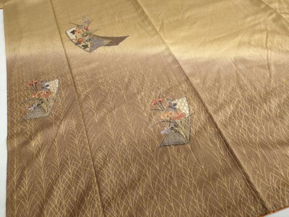 平和屋着物●中国三大刺繍 汕頭刺繍 訪問着 短冊草花文 暈し染め 金彩 正絹 逸品 DABB0836ud