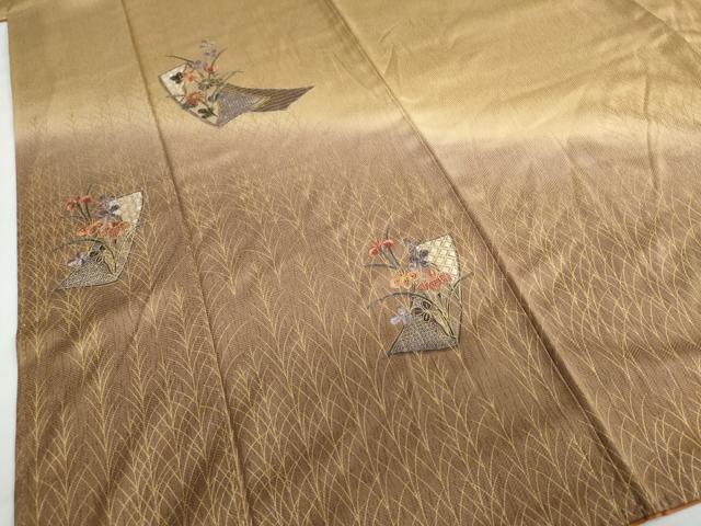 平和屋着物●中国三大刺繍 汕頭刺繍 訪問着 短冊草花文 暈し染め 金彩 正絹 逸品 DABB0836ud