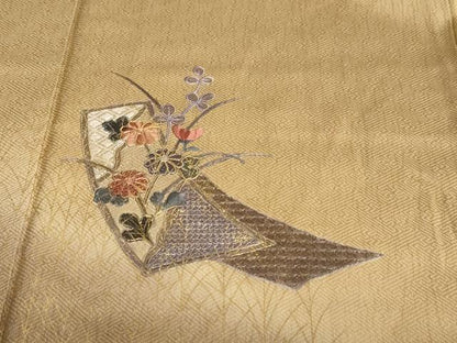 平和屋着物●中国三大刺繍 汕頭刺繍 訪問着 短冊草花文 暈し染め 金彩 正絹 逸品 DABB0836ud