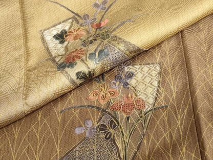 平和屋着物●中国三大刺繍 汕頭刺繍 訪問着 短冊草花文 暈し染め 金彩 正絹 逸品 DABB0836ud