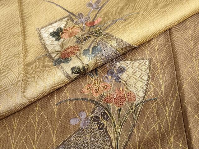平和屋着物●中国三大刺繍 汕頭刺繍 訪問着 短冊草花文 暈し染め 金彩 正絹 逸品 DABB0836ud