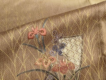平和屋着物●中国三大刺繍 汕頭刺繍 訪問着 短冊草花文 暈し染め 金彩 正絹 逸品 DABB0836ud