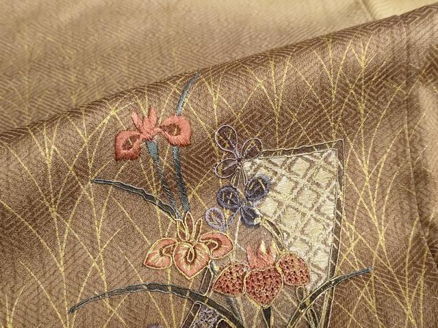 平和屋着物●中国三大刺繍 汕頭刺繍 訪問着 短冊草花文 暈し染め 金彩 正絹 逸品 DABB0836ud