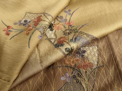 平和屋着物●中国三大刺繍 汕頭刺繍 訪問着 短冊草花文 暈し染め 金彩 正絹 逸品 DABB0836ud