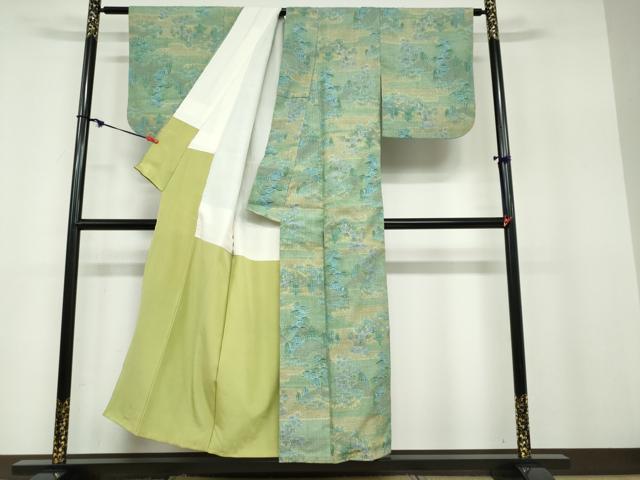 平和屋着物●本場結城紬 重要無形文化財 モロ入り 100亀甲 風景草花文 正絹 逸品 DABB0838ud