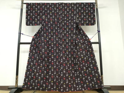 平和屋着物●久留米絣 黒地 胴抜き仕立て 綿 逸品 DABB0839ud