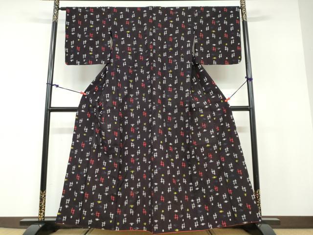 平和屋着物●久留米絣 黒地 胴抜き仕立て 綿 逸品 DABB0839ud