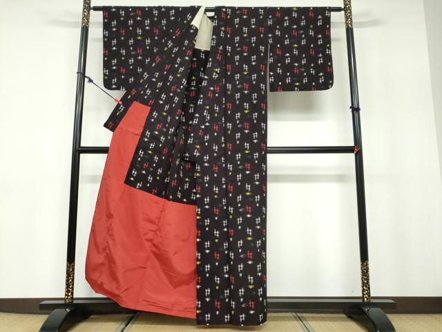 平和屋着物●久留米絣 黒地 胴抜き仕立て 綿 逸品 DABB0839ud