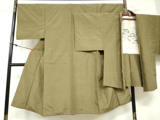 平和屋着物●男性　紬　アンサンブル　長羽織　海松色　正絹　逸品　DABB0842ud