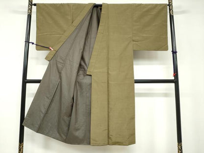 平和屋着物●男性　紬　アンサンブル　長羽織　海松色　正絹　逸品　DABB0842ud