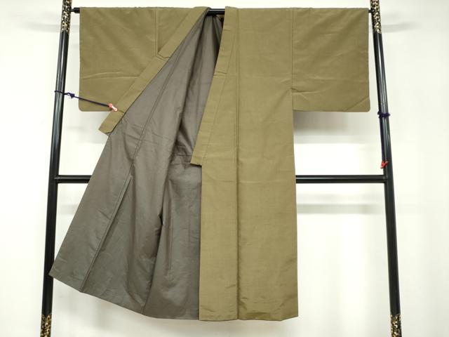平和屋着物●男性　紬　アンサンブル　長羽織　海松色　正絹　逸品　DABB0842ud