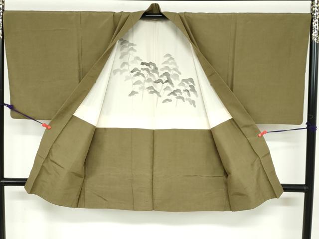 平和屋着物●男性　紬　アンサンブル　長羽織　海松色　正絹　逸品　DABB0842ud