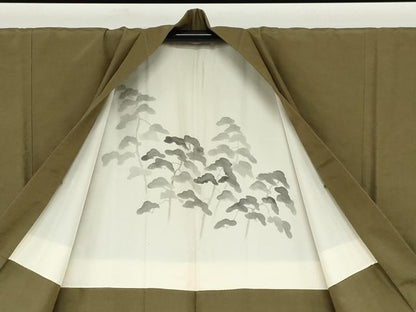 平和屋着物●男性　紬　アンサンブル　長羽織　海松色　正絹　逸品　DABB0842ud