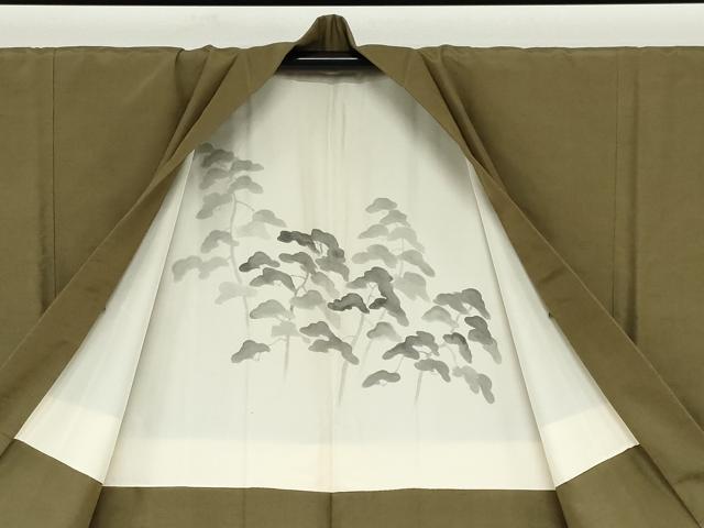 平和屋着物●男性　紬　アンサンブル　長羽織　海松色　正絹　逸品　DABB0842ud