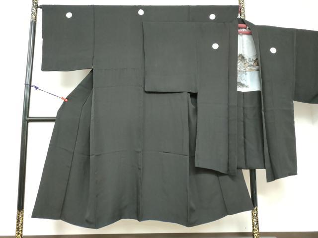 平和屋着物●男性　黒紋付　長羽織セット　羽裏：風景文　正絹　逸品　DABB0843ud