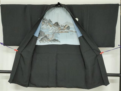 平和屋着物●男性　黒紋付　長羽織セット　羽裏：風景文　正絹　逸品　DABB0843ud