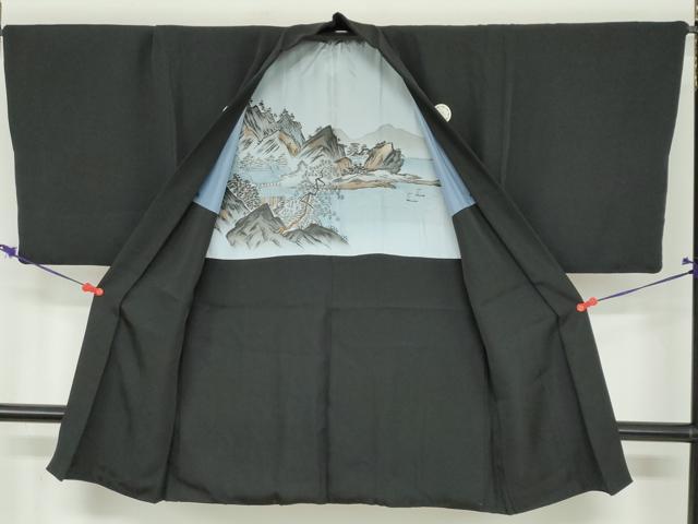 平和屋着物●男性　黒紋付　長羽織セット　羽裏：風景文　正絹　逸品　DABB0843ud