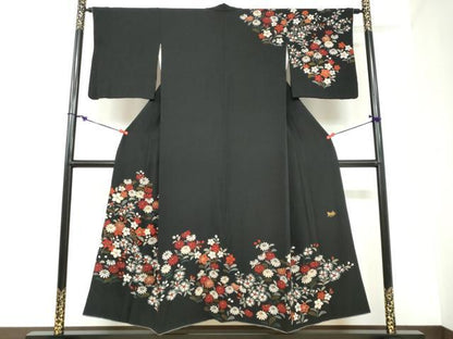 平和屋着物●ファッションブランド CELINE セリーヌ 訪問着 草花文 黒地 金彩 正絹 逸品 DABB0847ud