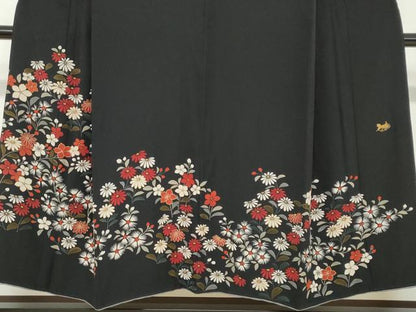 平和屋着物●ファッションブランド CELINE セリーヌ 訪問着 草花文 黒地 金彩 正絹 逸品 DABB0847ud