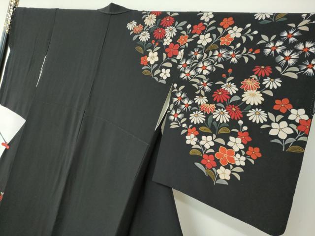 平和屋着物●ファッションブランド CELINE セリーヌ 訪問着 草花文 黒地 金彩 正絹 逸品 DABB0847ud