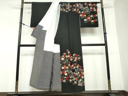 平和屋着物●ファッションブランド CELINE セリーヌ 訪問着 草花文 黒地 金彩 正絹 逸品 DABB0847ud