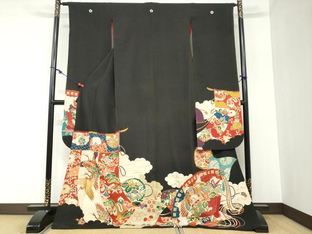 平和屋着物●アンティーク　大正ロマン　振袖　扇面宝尽くし飛鶴文　黒地　金彩　正絹　逸品　DABB0875ud